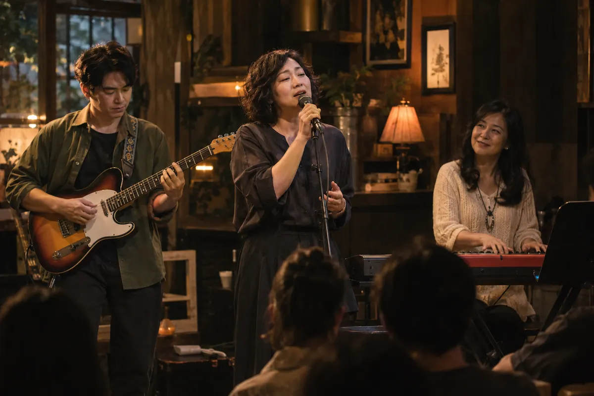 Minh họa bằng AI: nhóm nghệ sĩ Việt Nam gồm ca sĩ, guitarist và keyboardist cùng biểu diễn trong không gian live thân mật.